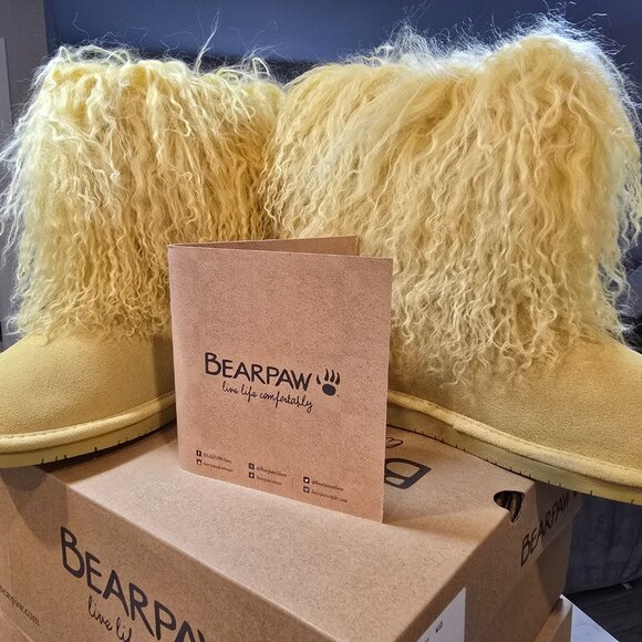 New Bearpaw Boo Boots Leather Suede Long Fur Sheepskin Women's Yellow Size 7 NEW - Picture 2 of 13